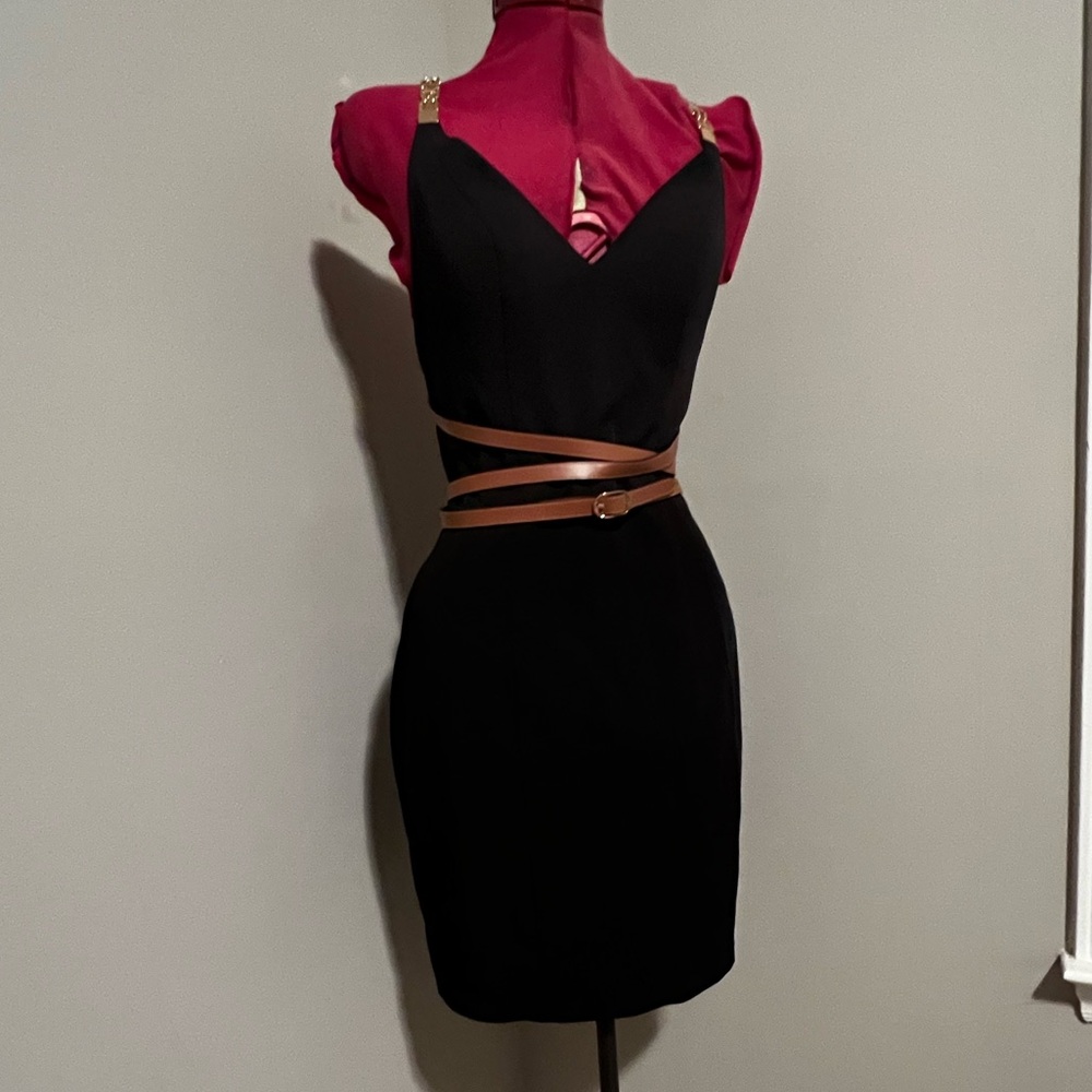 Elegant Cocktail LBD Black Dress with Tan Belt and Gold Chain Straps